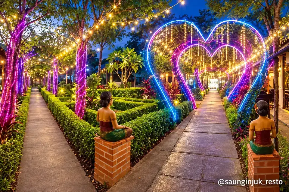 Jalur taman dengan lampu warna-warni di Saung Injuk