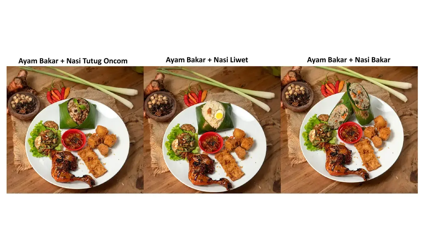 Paket ayam bakar dengan nasi tutug oncom, nasi liwet, dan nasi bakar