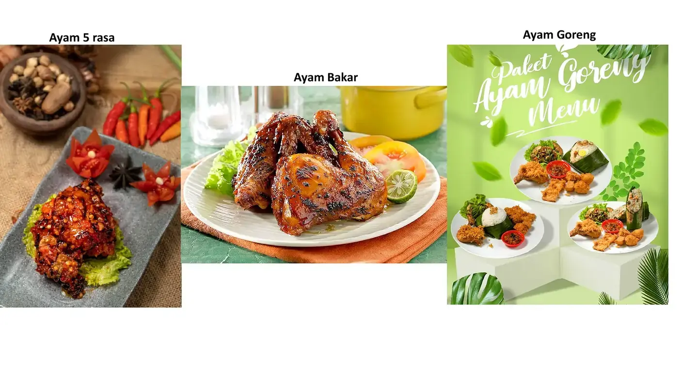 Menu ayam 5 rasa, ayam goreng, dan ayam bakar