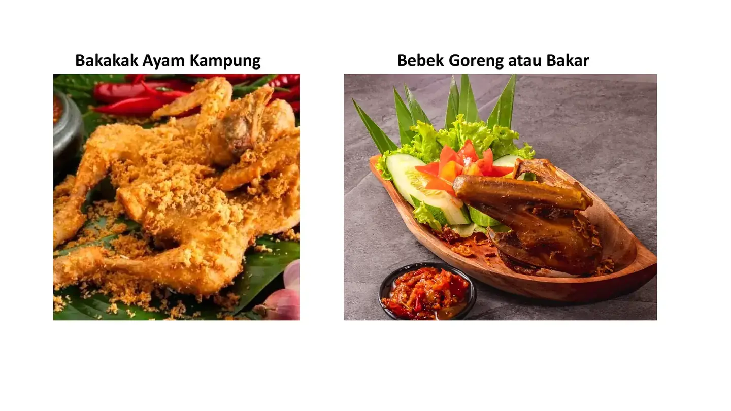 Bakakak ayam kampung dan bebek goreng atau bakar