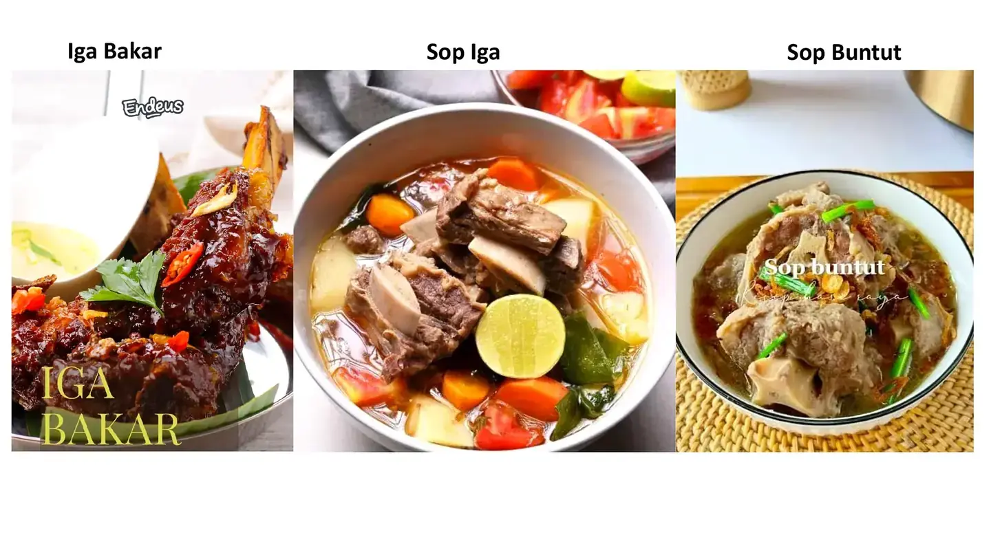Menu iga bakar, sop iga, dan sop buntut