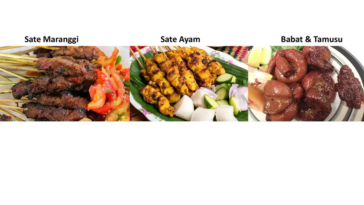Sate maranggi, sate ayam, babat, dan tamusu