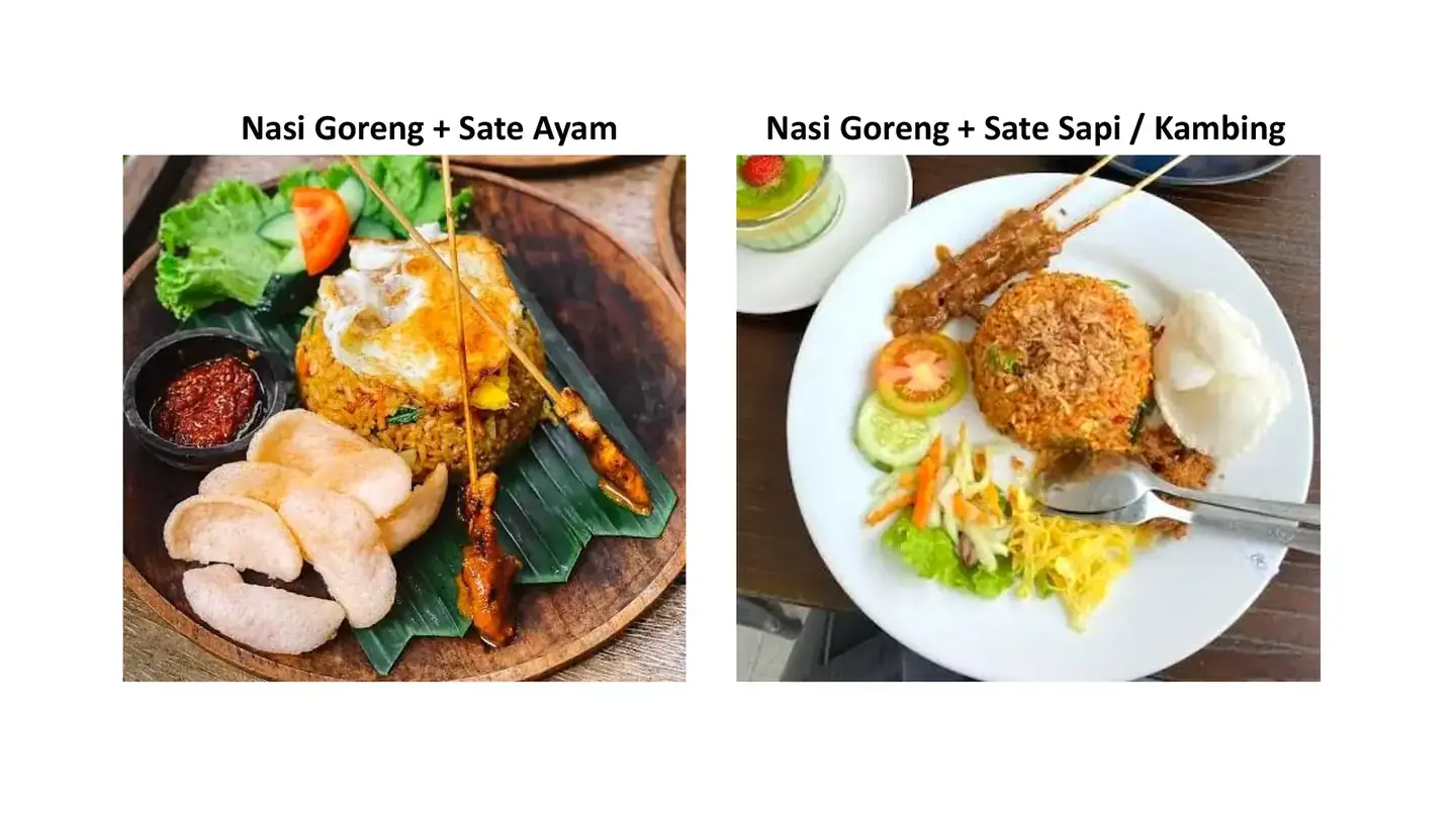 Nasi goreng dengan sate ayam, sate sapi, atau sate kambing